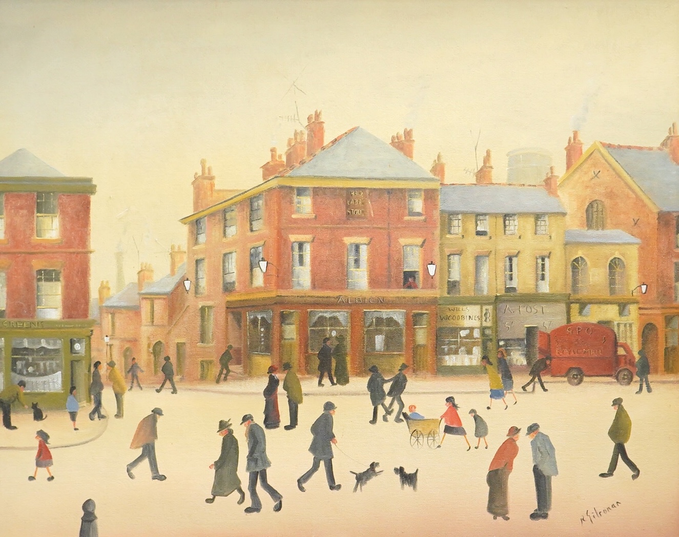 Raymond Gilronan (b.1950), In the manner of Laurence Stephen Lowry, Figures walking about, signed, oil on board, 39 x 49cm, gilt frame